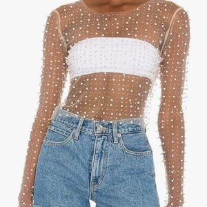 Sheer Mesh Pearl Rhinestone Sheer Embellished Top slightly cropped long sleeve